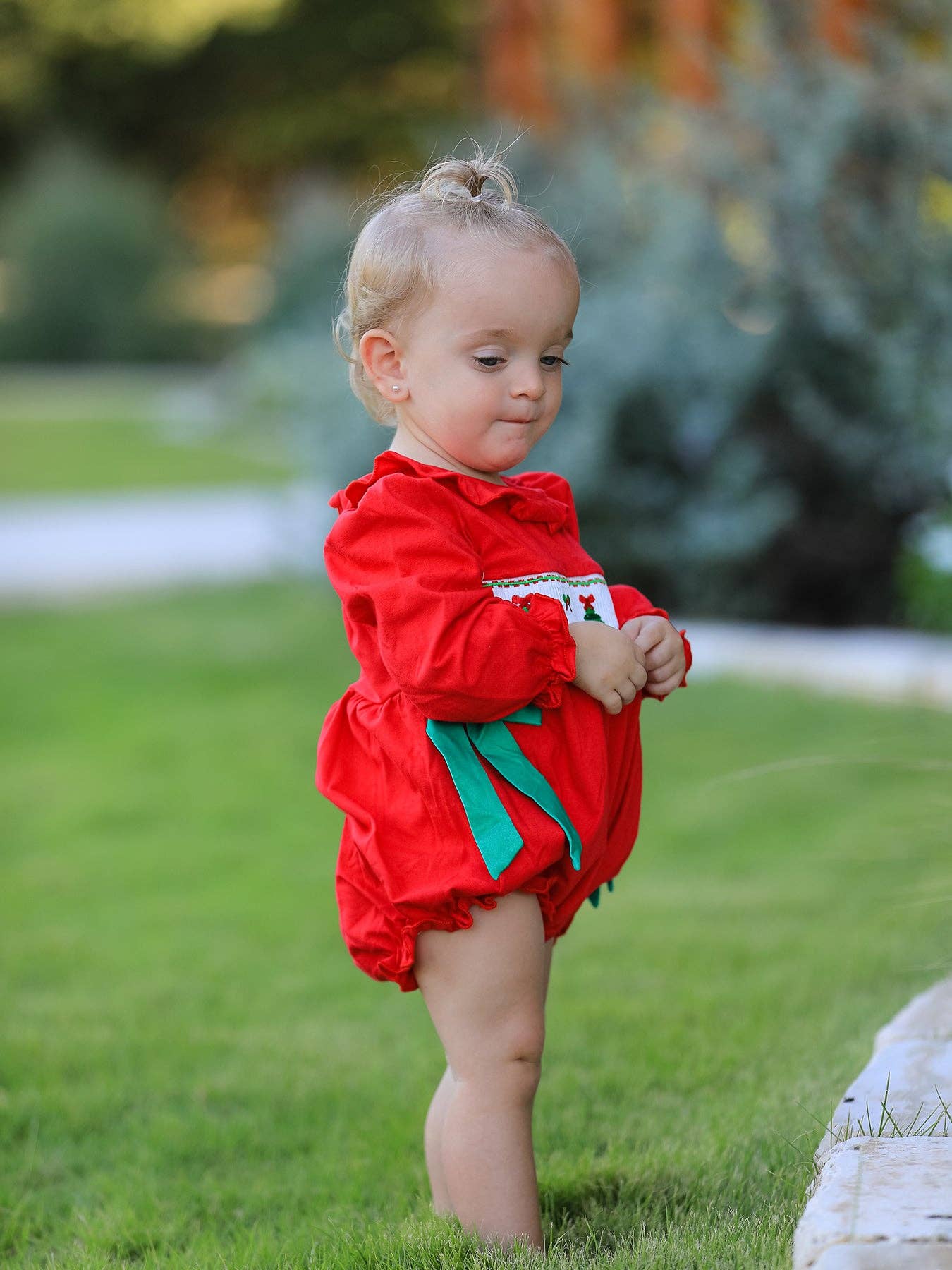 Rylee Faith Designs - Christmas Smocked Girls Romper with Green Bow and Tree Embroidery