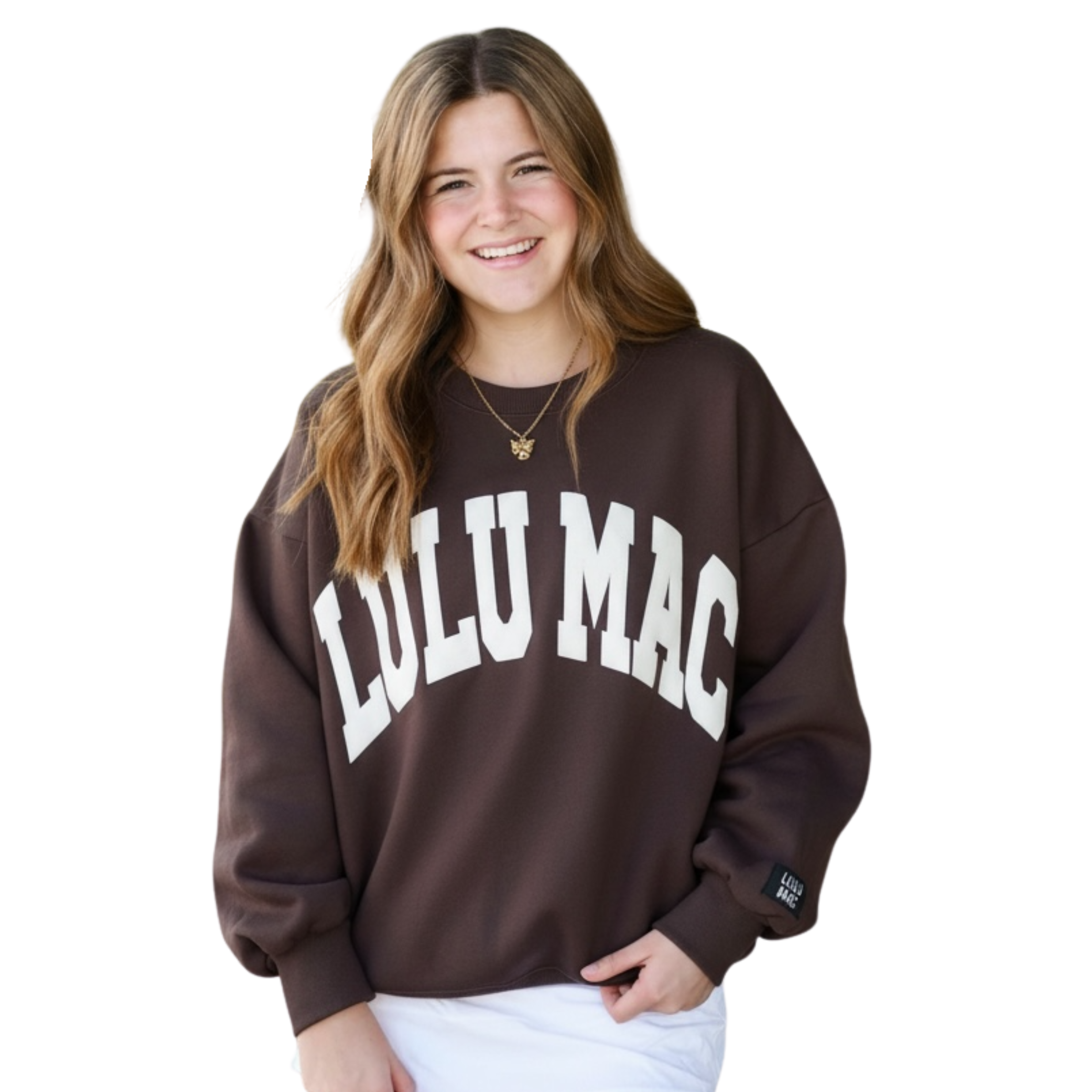 Woman wearing a brown 'LULU MAC' sweatshirt on a white background