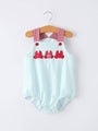 Striped baby romper with red crab design on a hanger against a white background