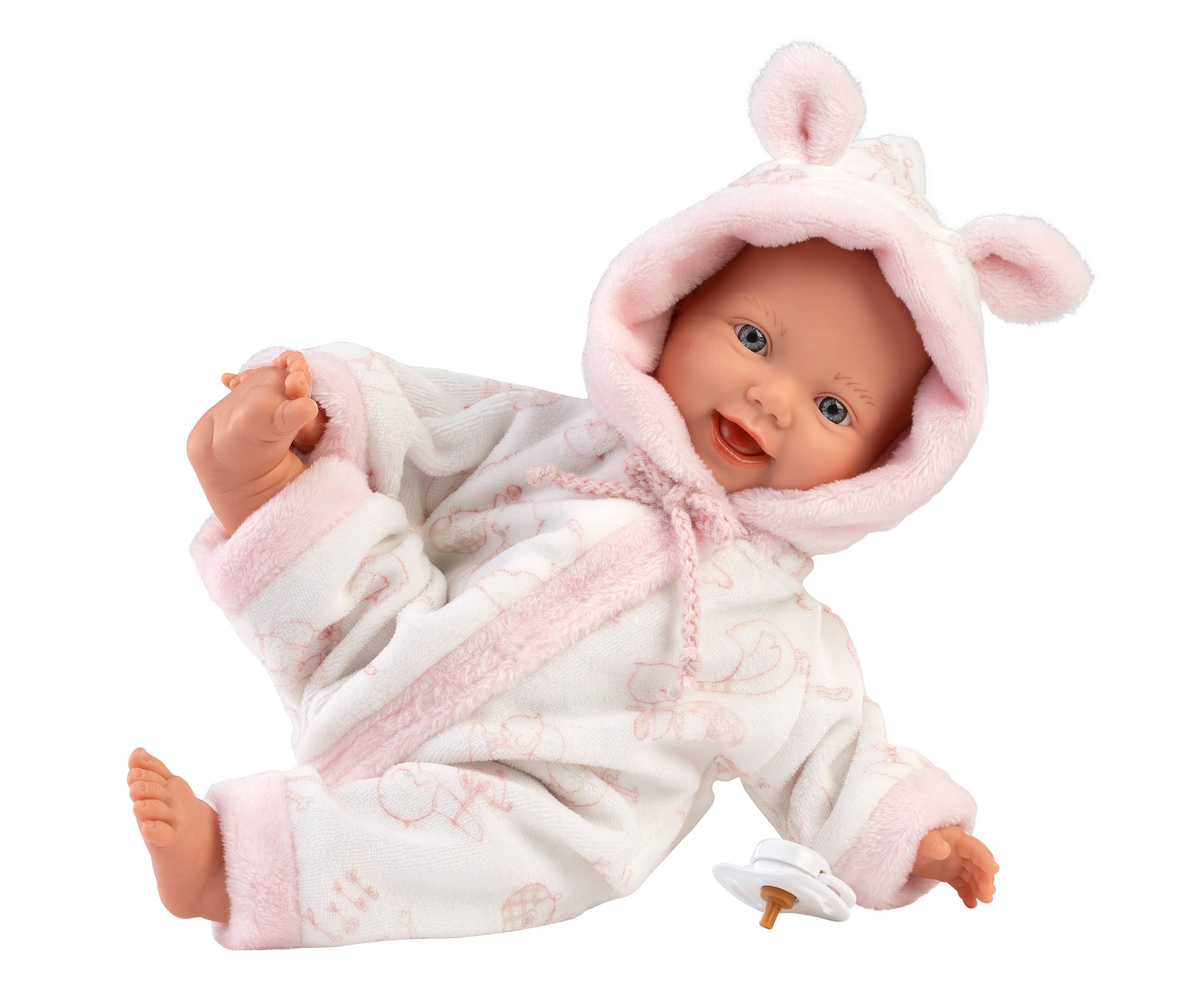 Baby doll in a pink and white outfit with a hood on a white background