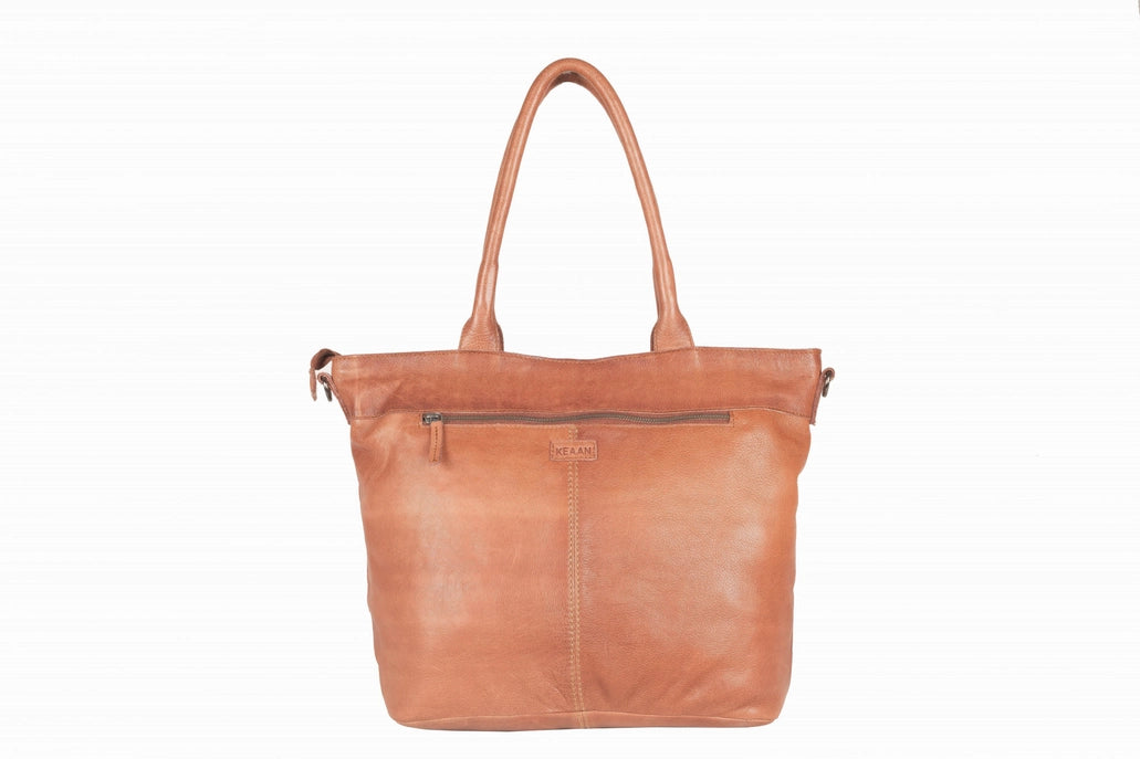 Brown leather tote bag on a white background