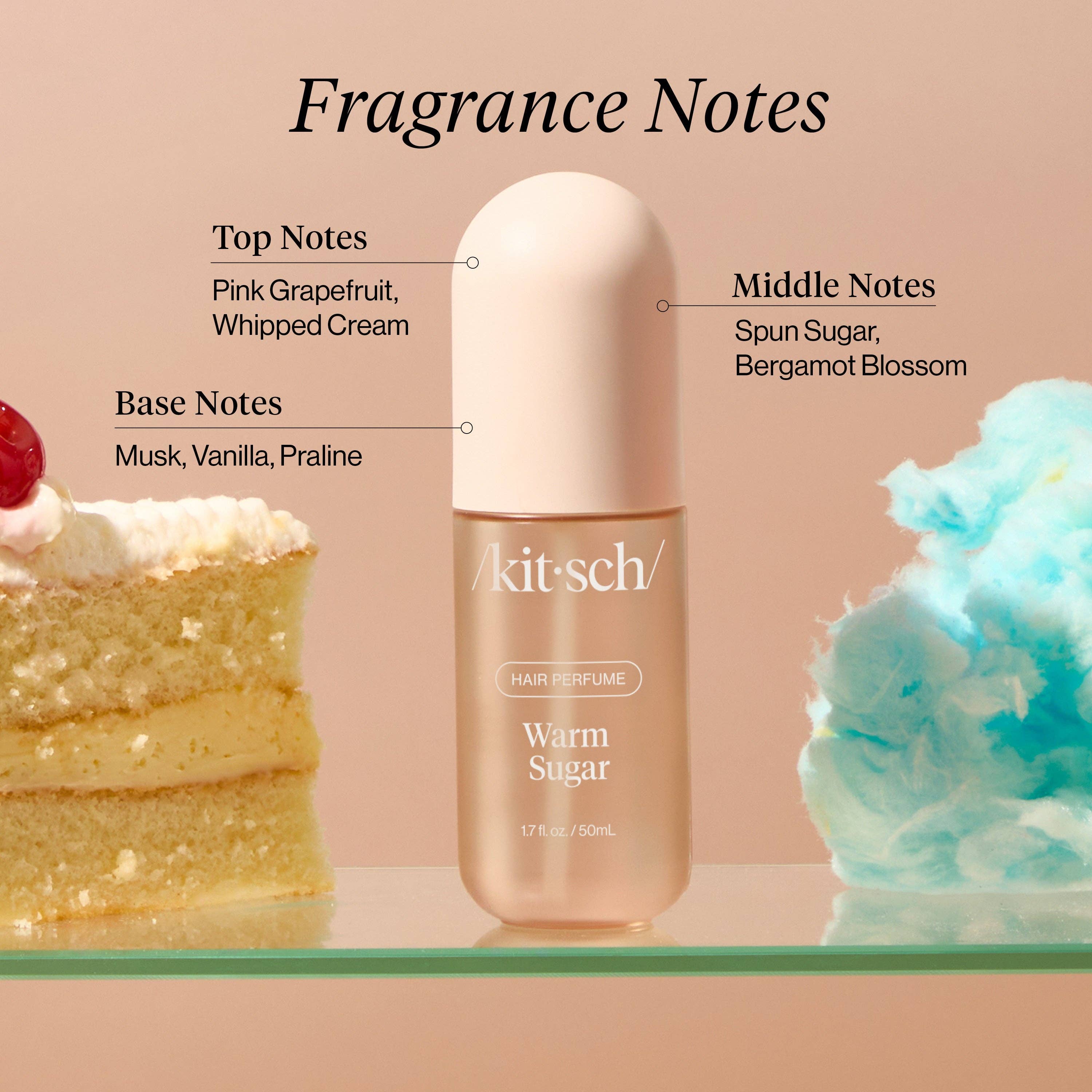 Kitsch hair perfume bottle with fragrance notes text and visual elements on a pink background