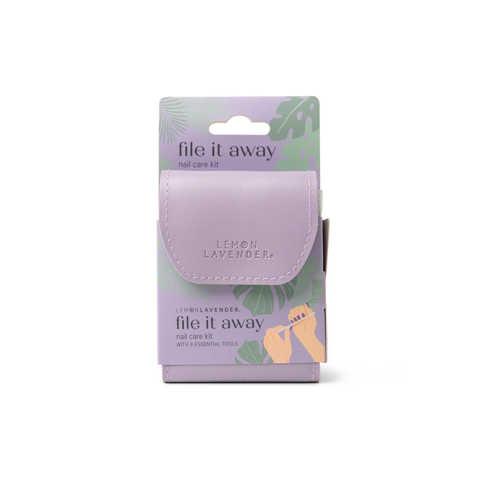 Lavender nail care kit packaging with 'file it away' text on a white background