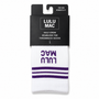 White socks with purple stripe bands and purple logo text at the cuff