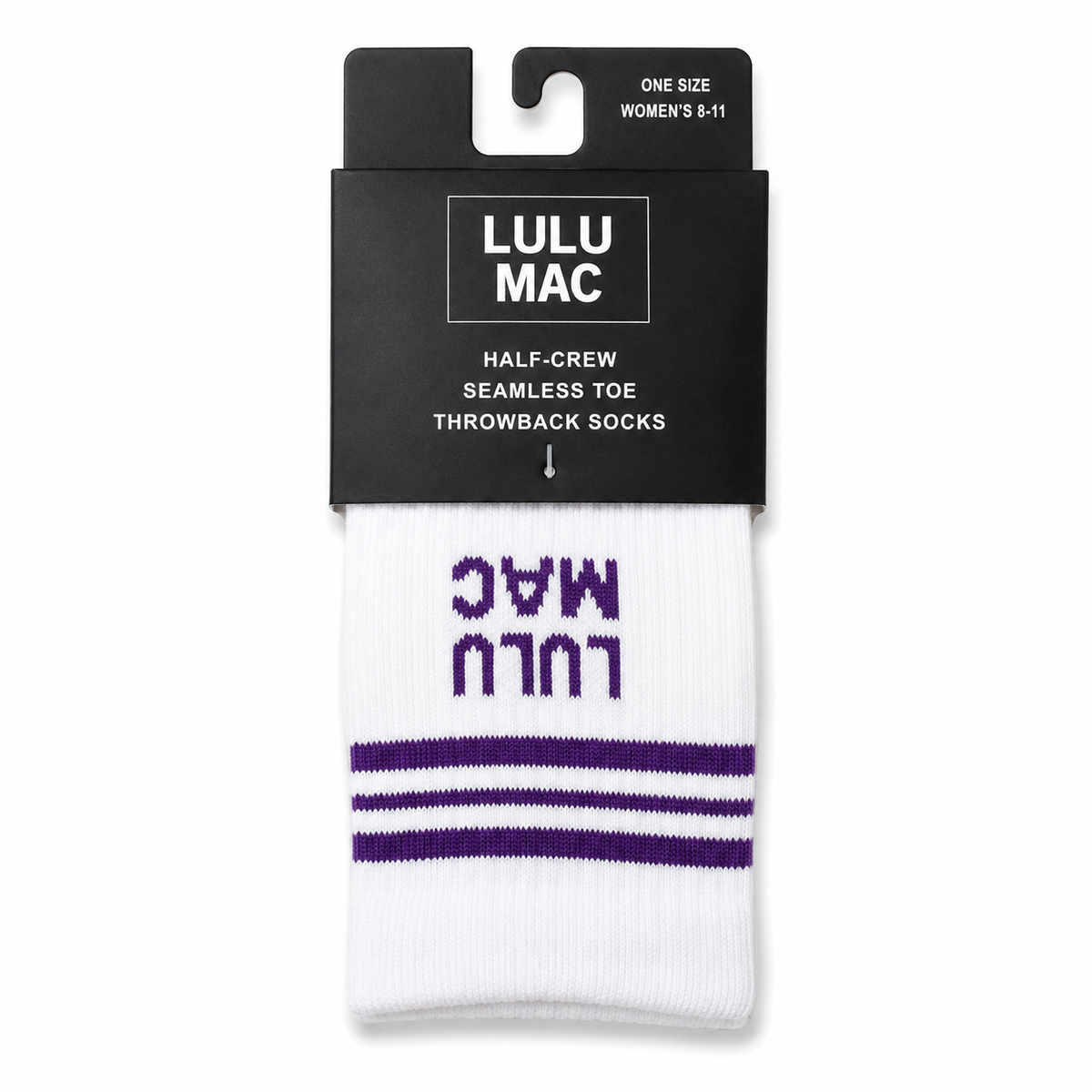White socks with purple stripe bands and purple logo text at the cuff