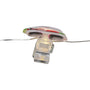 A small clear plastic clip with a translucent shell on top featuring a multicolor pattern of red, green, and dark gray, attached to a thin metal wire against a white background.