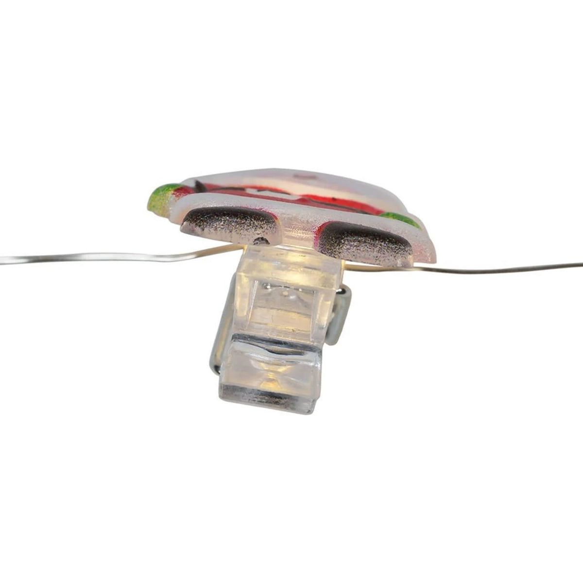 A small clear plastic clip with a translucent shell on top featuring a multicolor pattern of red, green, and dark gray, attached to a thin metal wire against a white background.