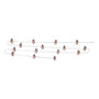 Snowman string lights with clear plastic bodies, black top hats, and red scarves, arranged on thin wires against a white background.