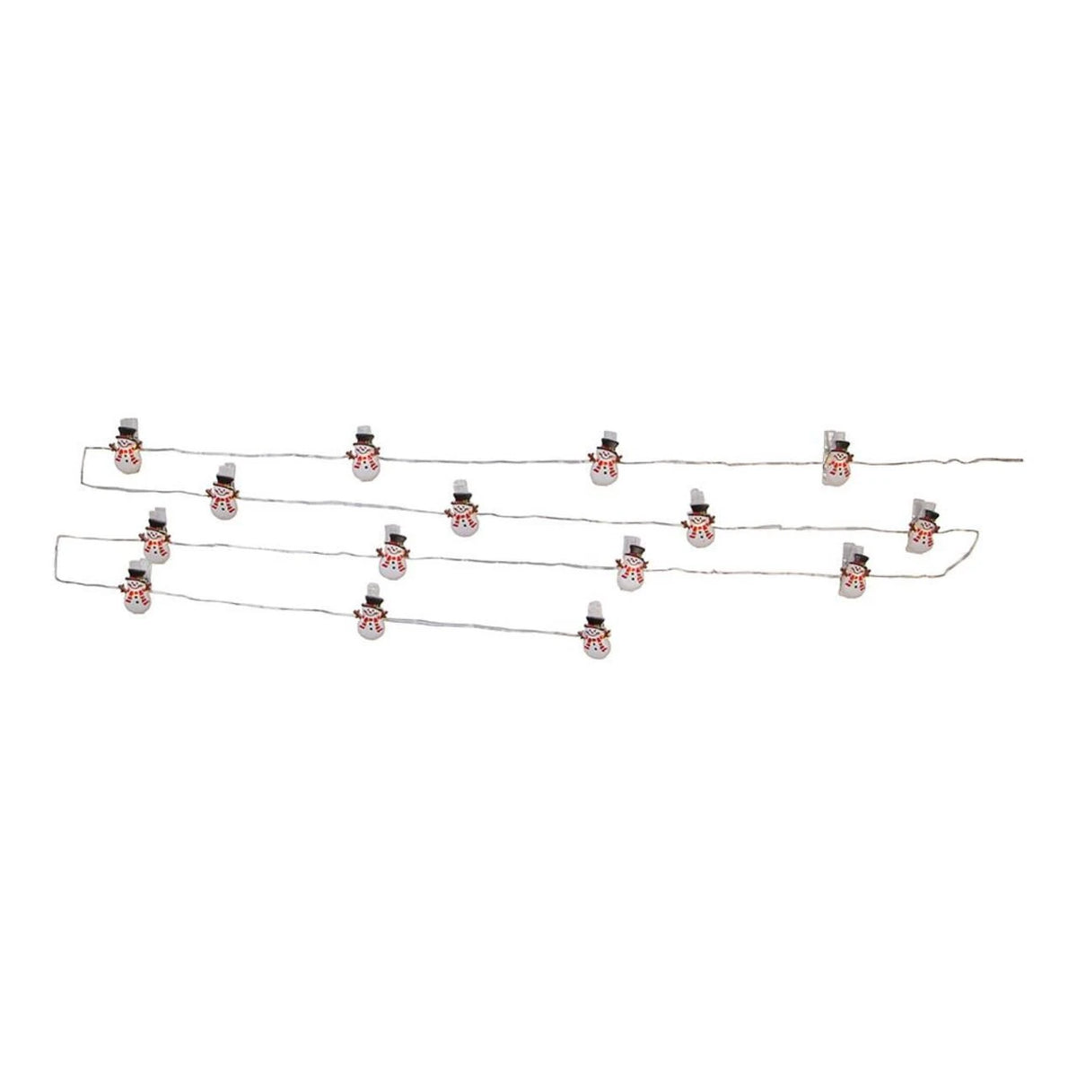 Snowman string lights with clear plastic bodies, black top hats, and red scarves, arranged on thin wires against a white background.