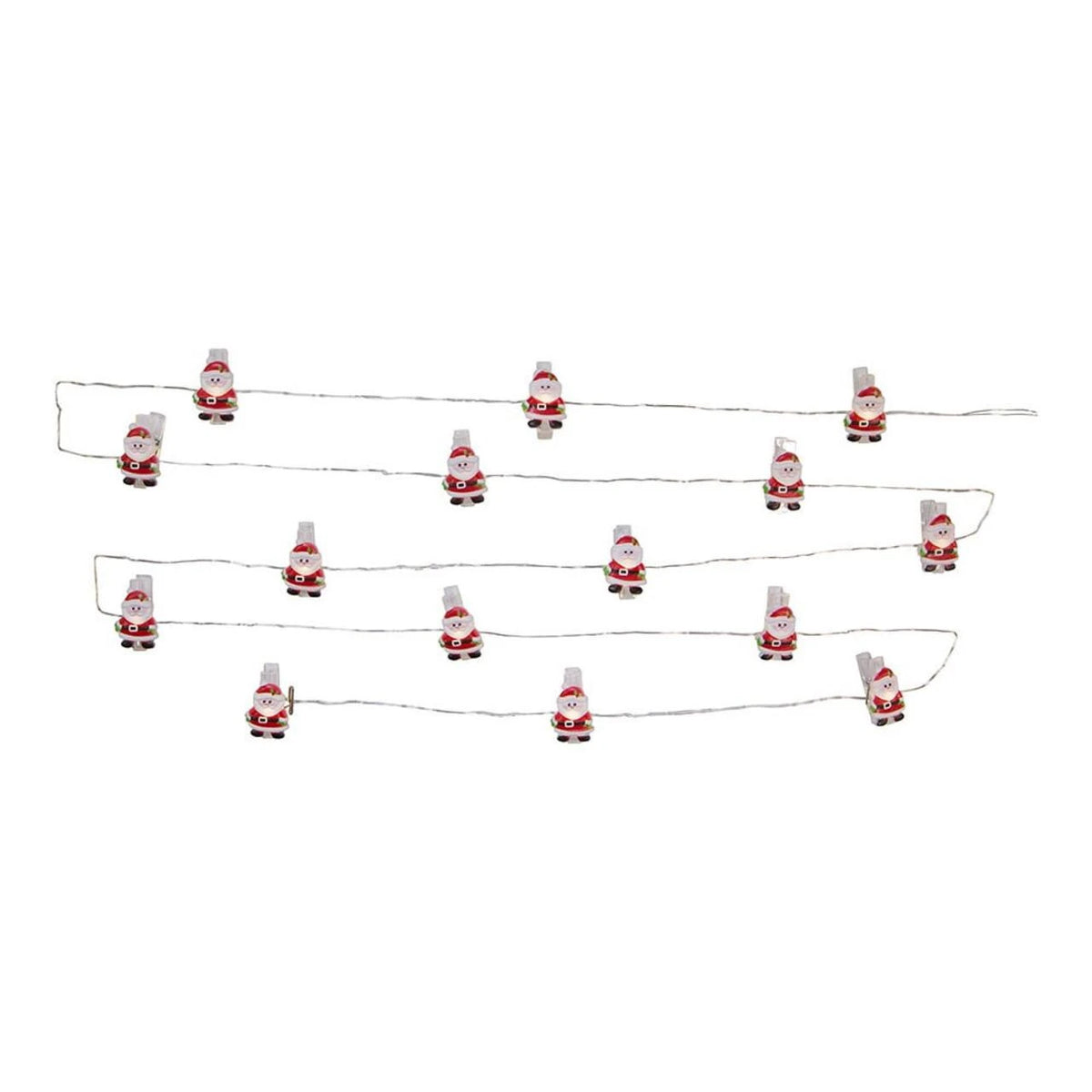 A string of miniature Santa Claus LED lights arranged in horizontal rows on a plain white background.