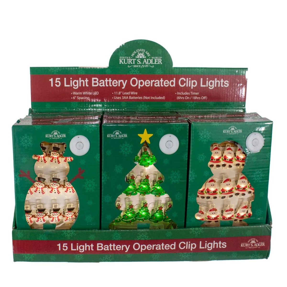 Display of Kurt S. Adler battery-operated clip lights packaging on a white background