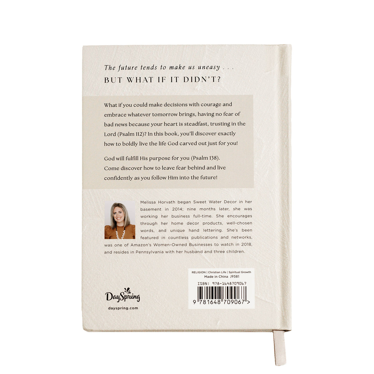 Devotional book back cover with summary text, author bio, and barcode