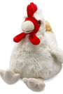 Plush toy rooster with a red comb on a white background