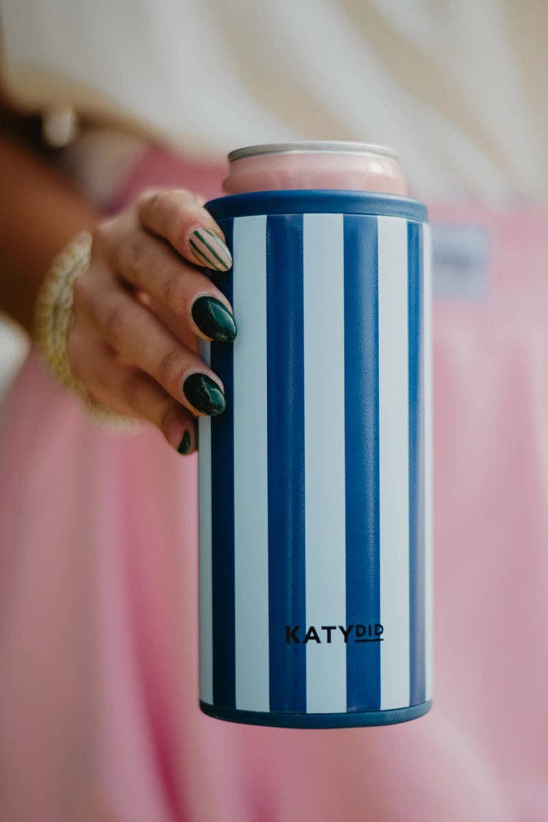 Blue striped can insulator with navy trim and pink top, held in hand