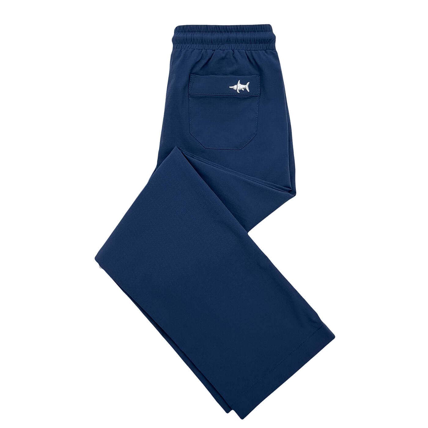 Navy blue sweatpants with a small logo on a white background
