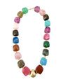 Chunky multi-color beaded necklace with cube beads in pink, blue, green, and brown.