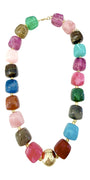 Chunky multi-color beaded necklace with cube beads in pink, blue, green, and brown.