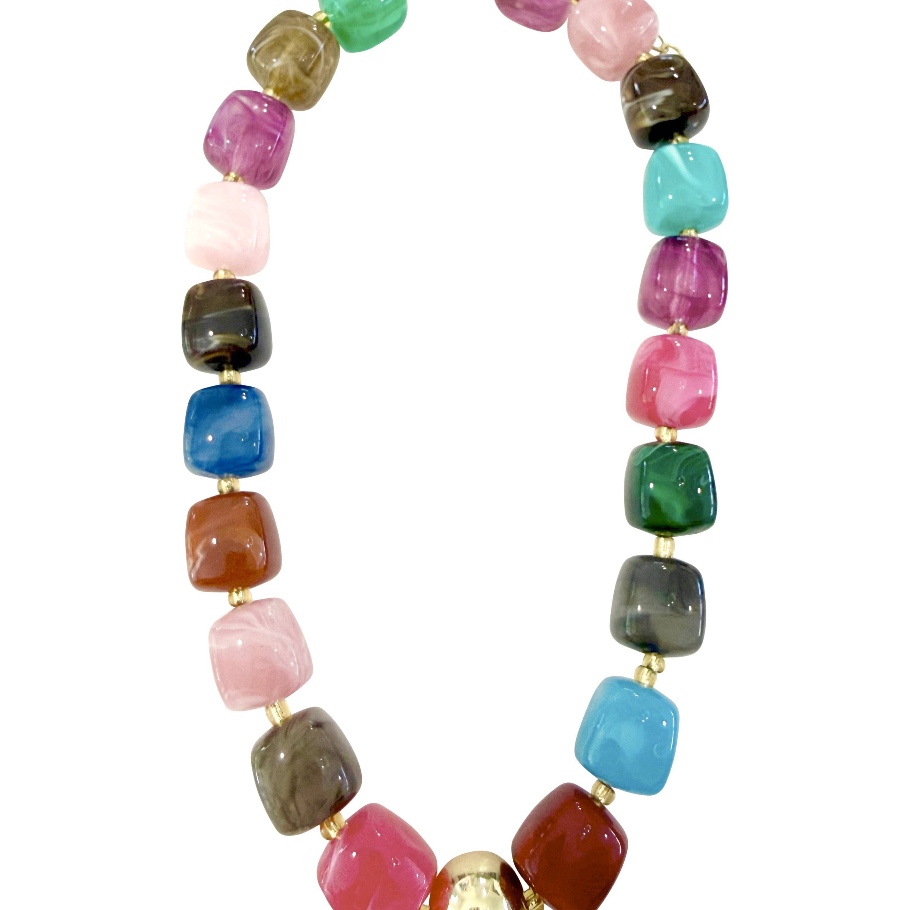 Chunky multi-color beaded necklace with cube beads in pink, blue, green, and brown.