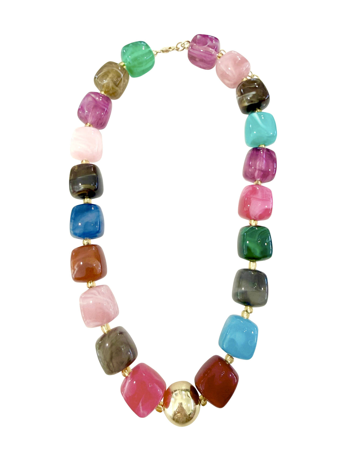 Chunky multi-color beaded necklace with cube beads in pink, blue, green, and brown.