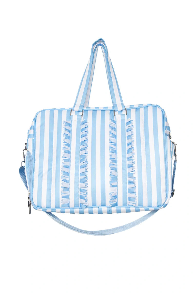 Blue and white striped bag with ruffled details on a white background
