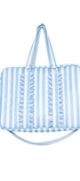 Blue and white striped bag with ruffled details on a white background