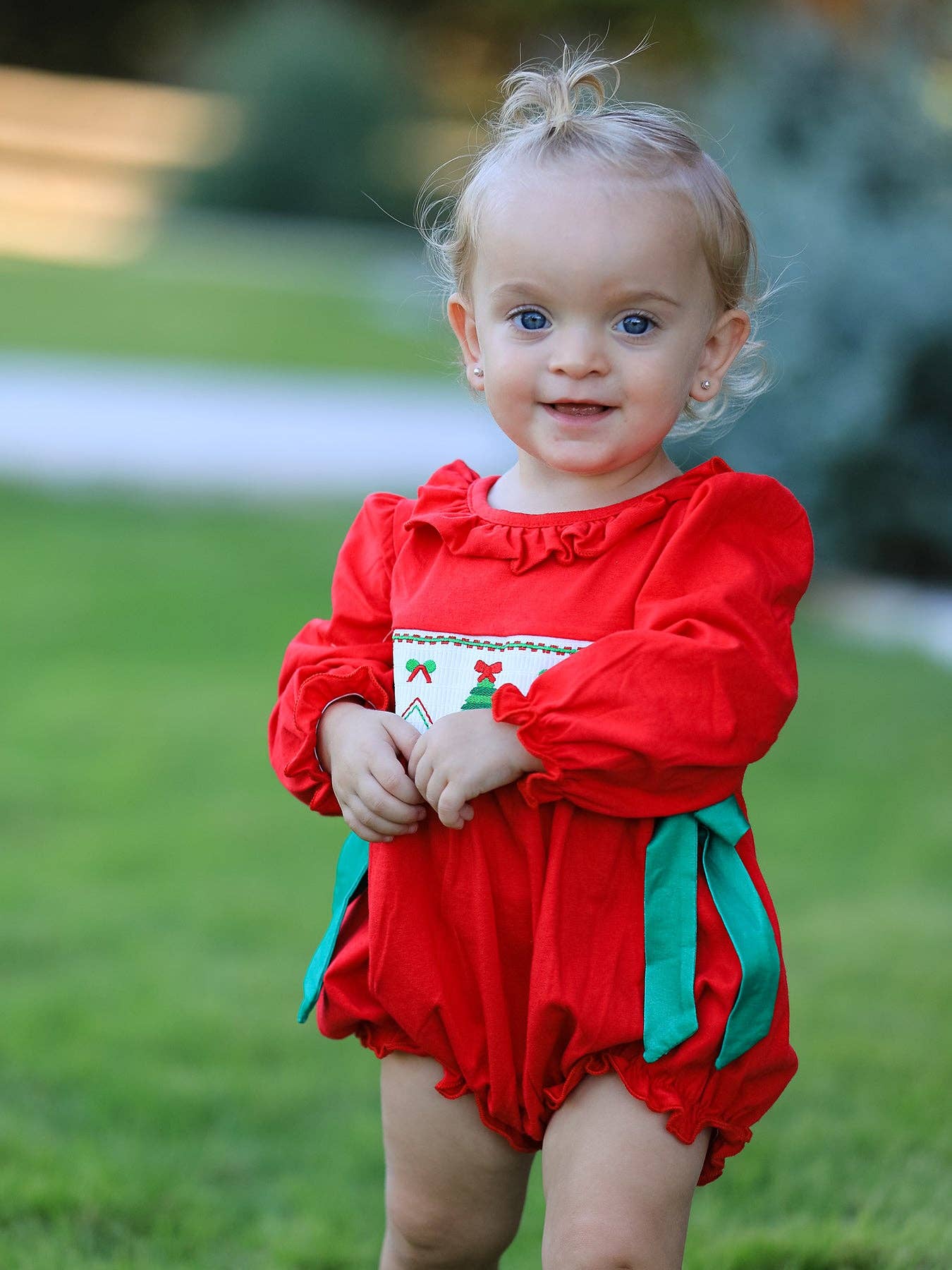 Rylee Faith Designs - Christmas Smocked Girls Romper with Green Bow and Tree Embroidery