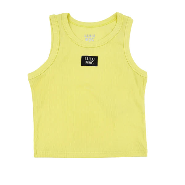 Yellow tank top with a black logo on a white background