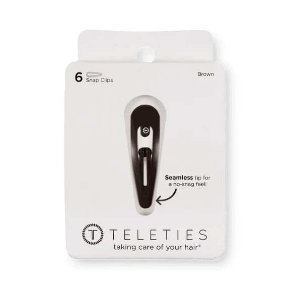 Teleties brown snap clip set in its original white retail packaging, featuring a graphic of the black and silver clip on the front.