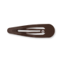A dark brown hair clip with a small white circular logo containing a 'T' on the front, shown on a clean white background.