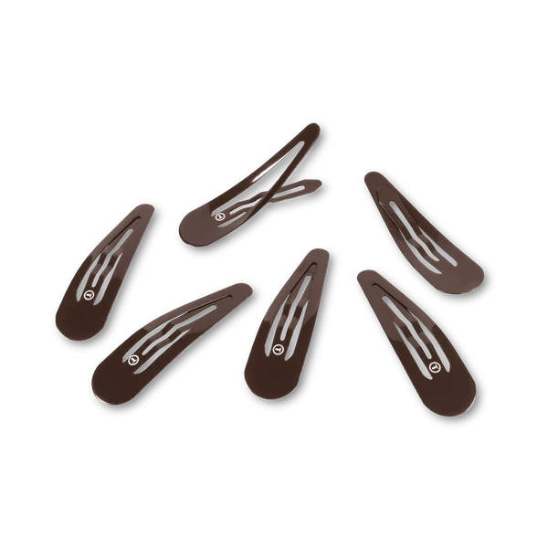 Six dark brown hair clips with white wavy stripes and small white circular logos, arranged on a plain white background.