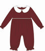 A flat line-art illustration of a long-sleeve baby jumpsuit or romper in dark burgundy with a white Peter Pan collar, shown on a plain white background.