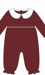 A flat line-art illustration of a long-sleeve baby jumpsuit or romper in dark burgundy with a white Peter Pan collar, shown on a plain white background.