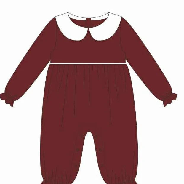 A flat line-art illustration of a long-sleeve baby jumpsuit or romper in dark burgundy with a white Peter Pan collar, shown on a plain white background.