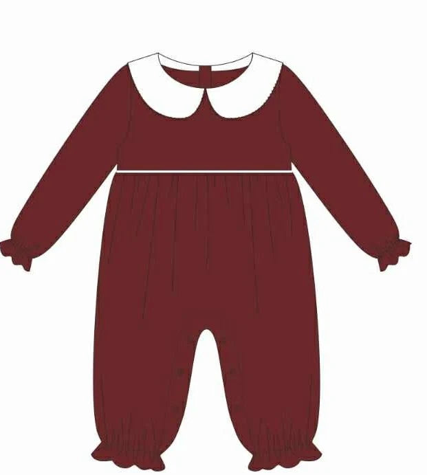 A flat line-art illustration of a long-sleeve baby jumpsuit or romper in dark burgundy with a white Peter Pan collar, shown on a plain white background.