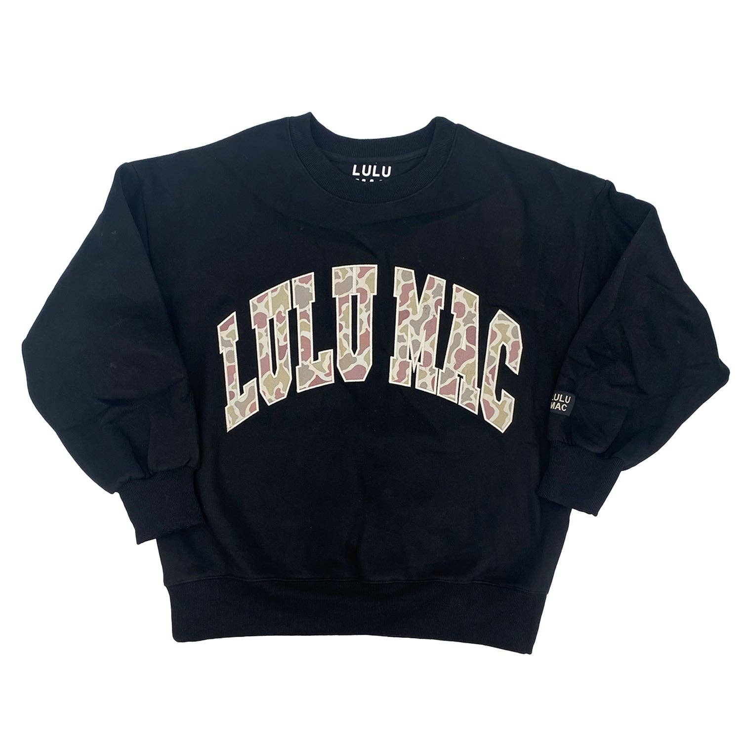 Black sweatshirt with 'LOLJU MAC' printed on it against a white background