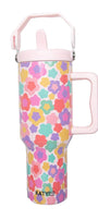 Colorful floral-patterned water bottle with pink handle on a white background