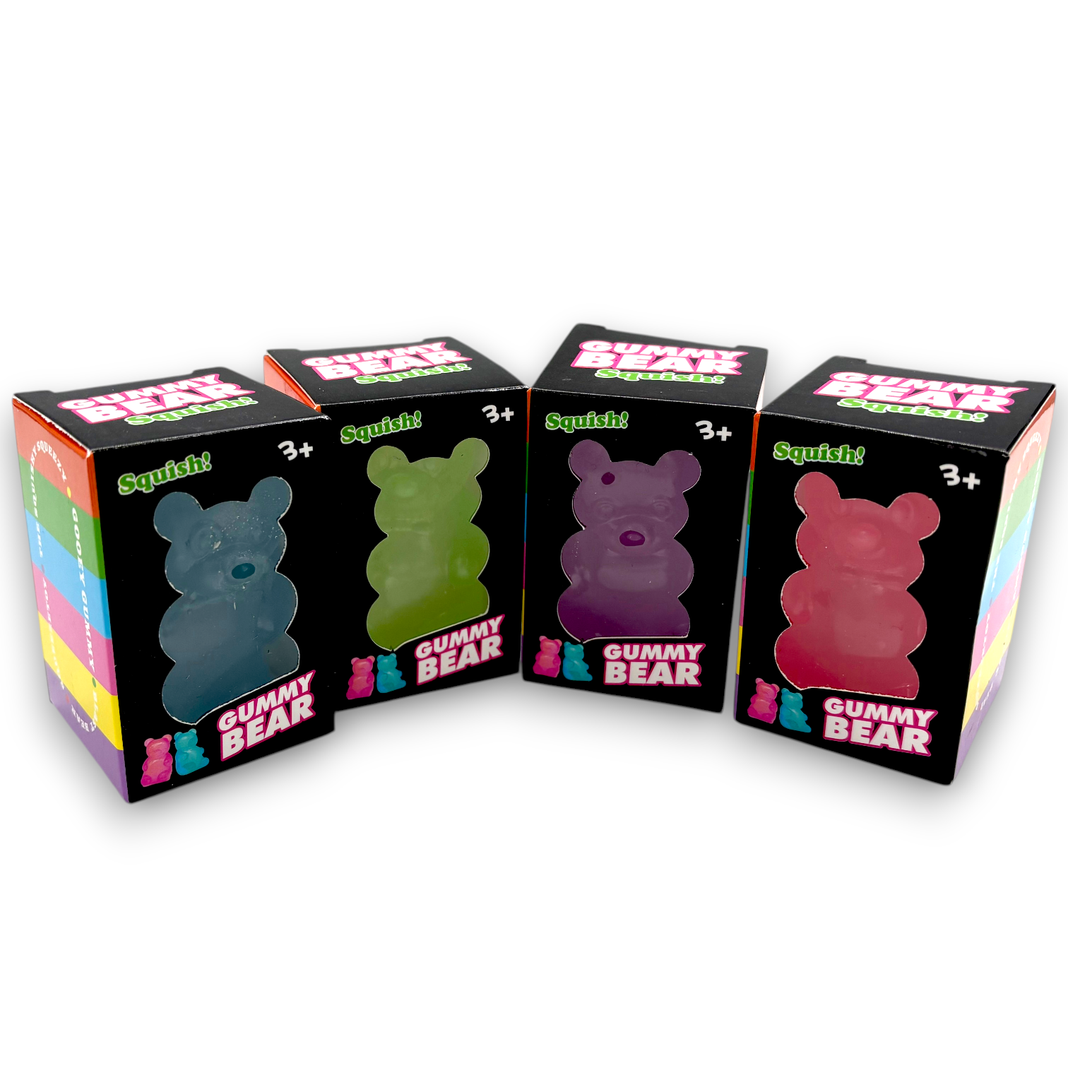 Four boxes of Squishy Gummy Bear toys on a white background