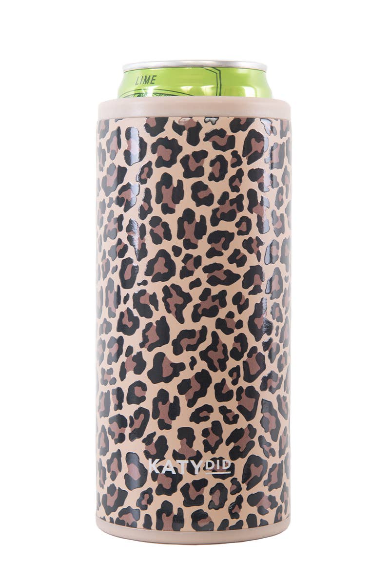 Slim can sleeve with brown leopard print and KATYDID logo
