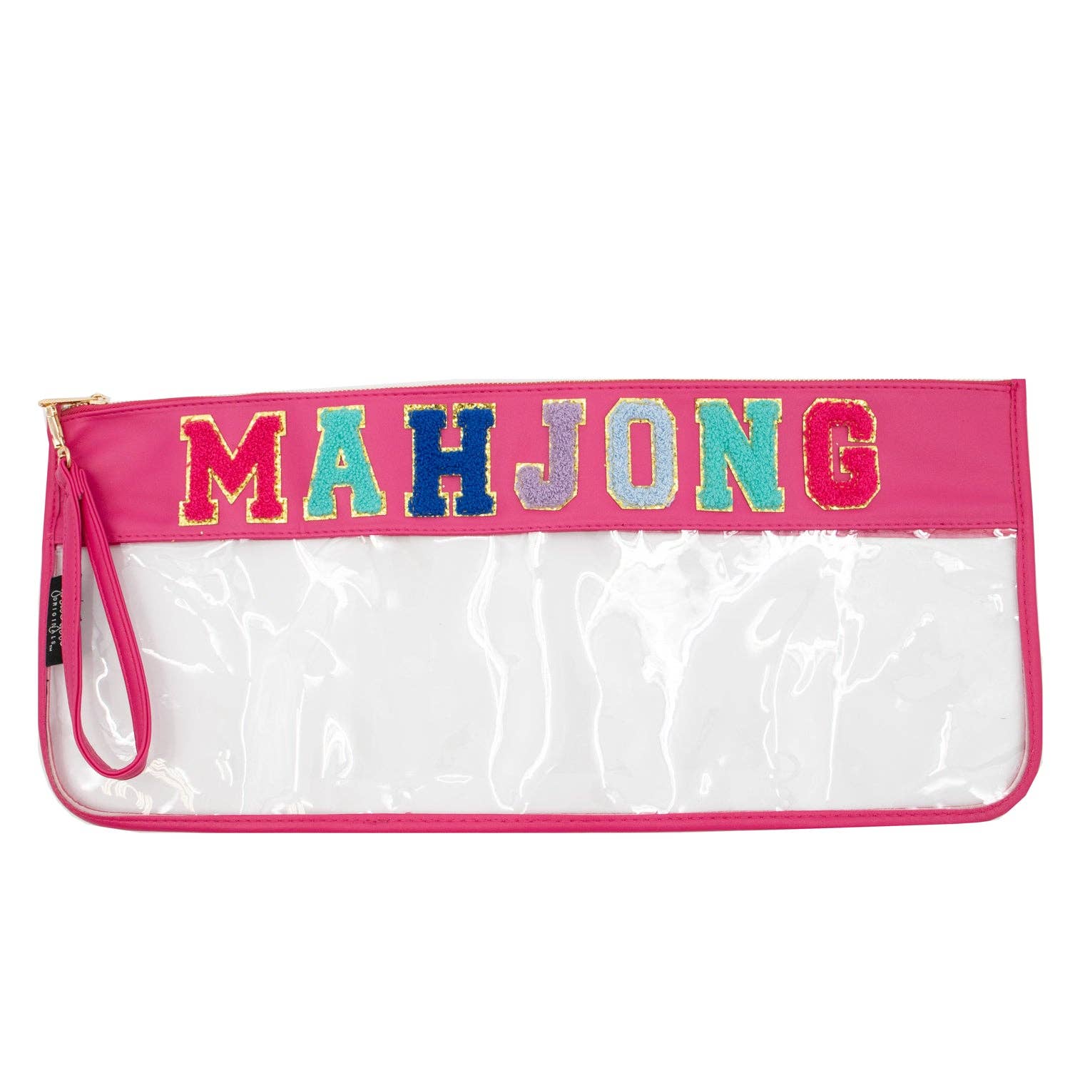 Pink zippered Mahjong game bag with clear front pocket and yellow MAHJONG print