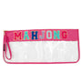Pink zippered Mahjong game bag with clear front pocket and yellow MAHJONG print