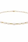 Pearl necklace with gold accents on a white background