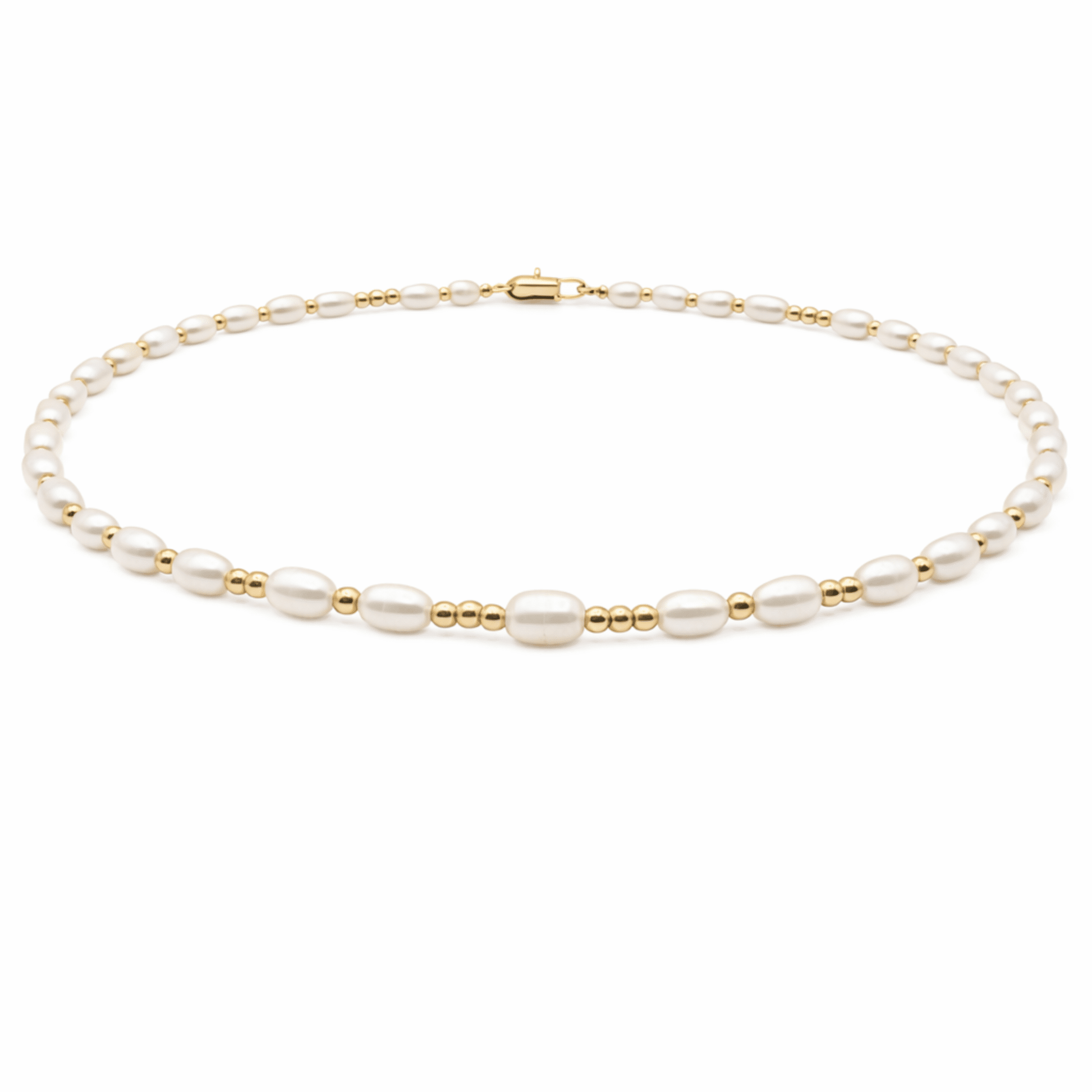 Pearl necklace with gold accents on a white background