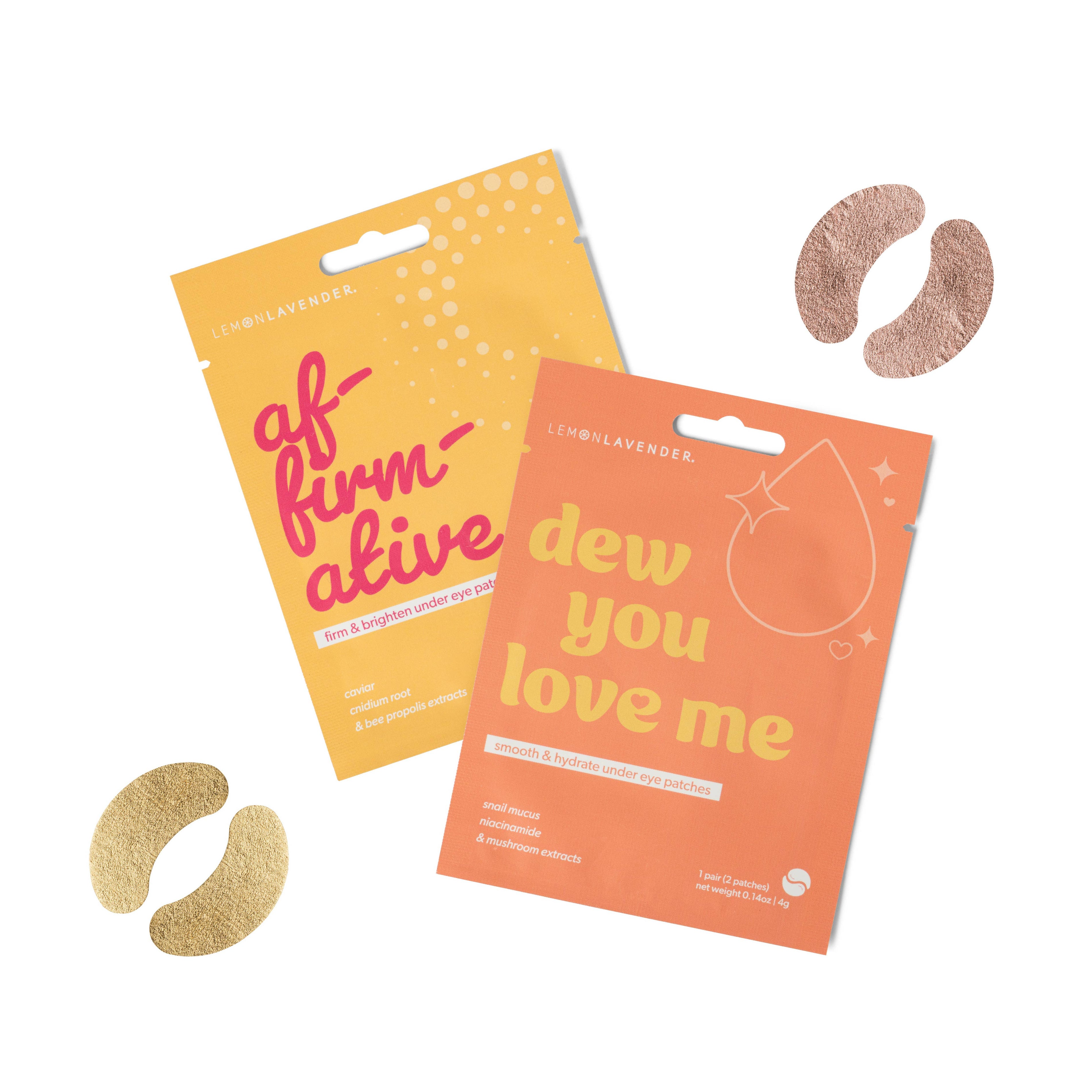 Two eye mask packages with text and gold eye masks on a white background