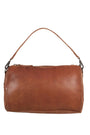 Brown leather handbag with a strap on a white background