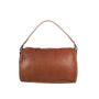 Brown leather handbag with a strap on a white background