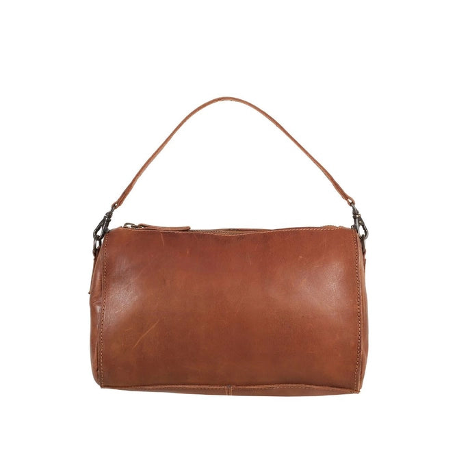 Brown leather handbag with a strap on a white background