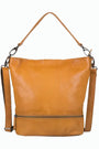 Brown leather handbag with a shoulder strap on a white background