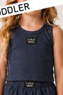 Navy blue sleeveless top and shorts with LULU MAC branding on a plain background.