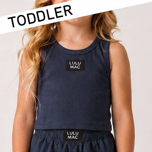 Navy blue sleeveless top and shorts with LULU MAC branding on a plain background.