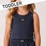 Navy blue sleeveless top and shorts with LULU MAC branding on a plain background.